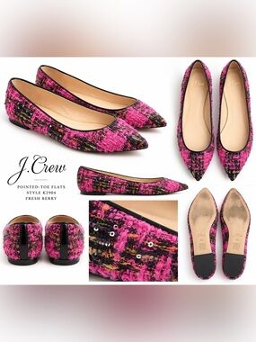 J.Crew Fresh Berry Pink Tweed Sequin Pointed Toe Flats 7.5